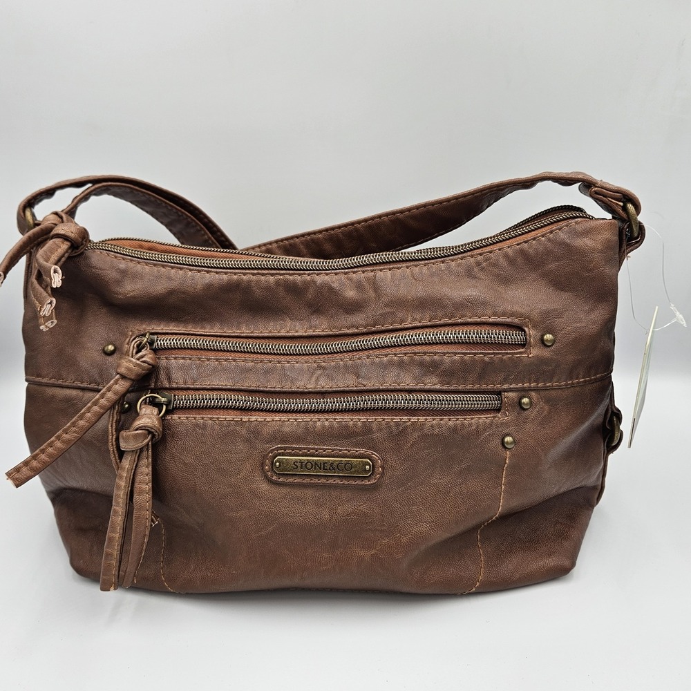 Stone & Co Purse Handbag Crossbody Adjustable Strap Faux‎ Leather Hobo Cognac